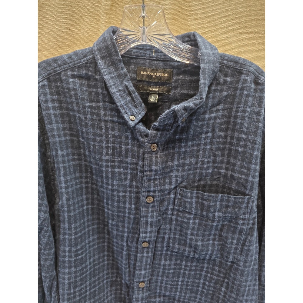 Banana Republic Mens Slim Fit Navy Blue Plaid Flannel Button Down Shirt Large - Picture 3 of 6